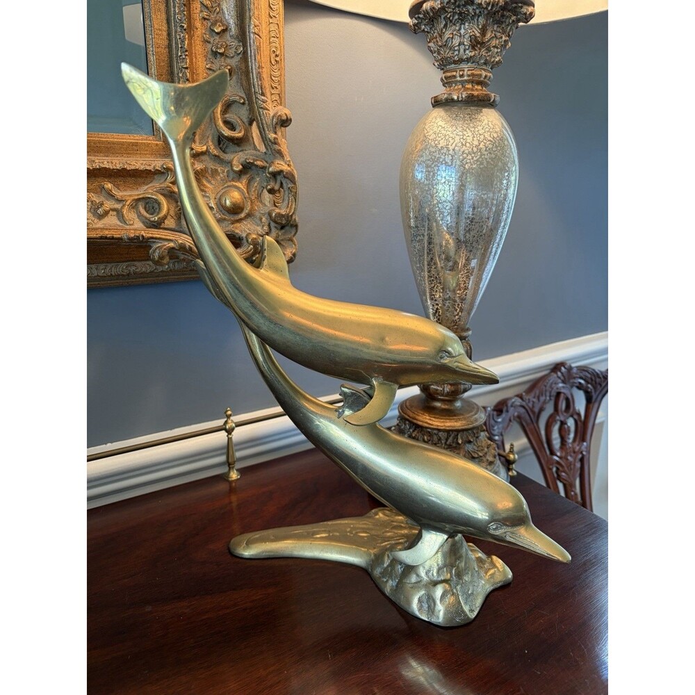Brass Dolphins Sculpture Statue Vintage Large 15.25 " Tall Ocean Sea Figurine